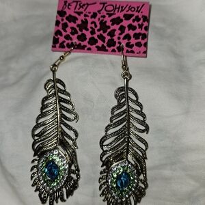 Betsey Johnson Gold Peacock Feather Drop Earrings with Blue and Green Stones